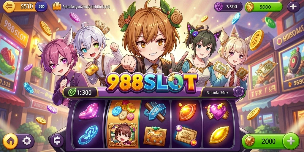 Tampilan gameplay <strong>988SLOT</strong> yang penuh warna dan karakter anime.