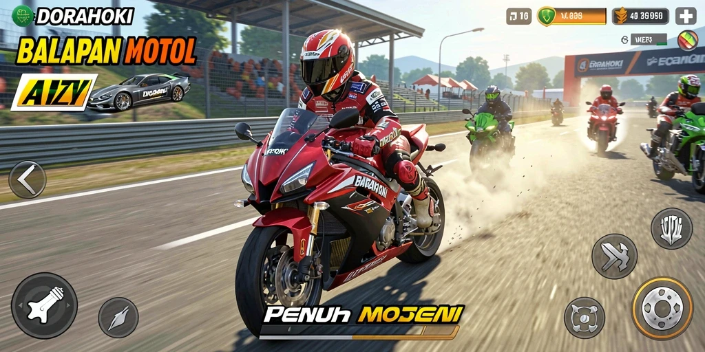 Screenshot DORAHOKI menampilkan momen balapan yang intens dan penuh aksi.