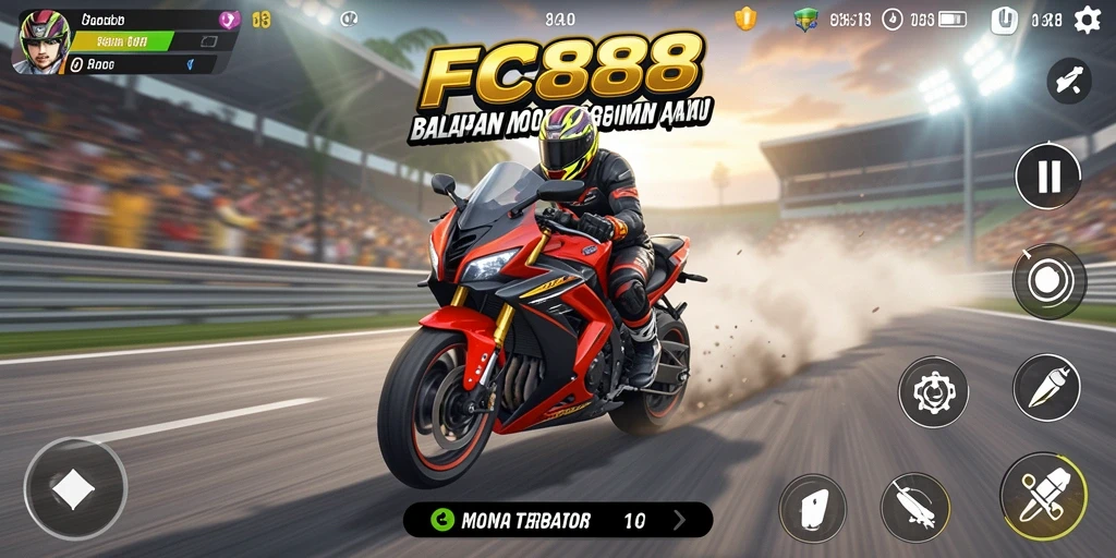 Screenshot permainan FC888 menampilkan aksi balapan motor yang mendebarkan.