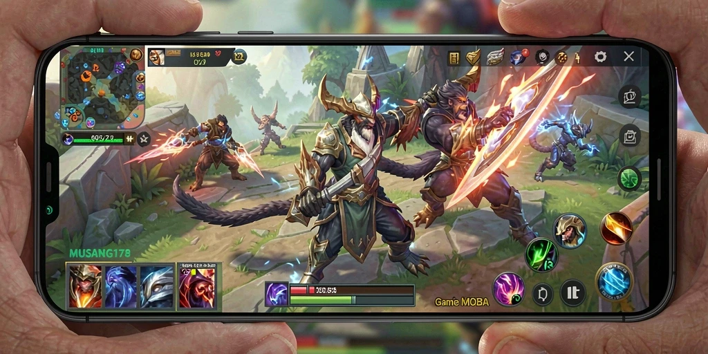 Tampilan seru gameplay MOBA dengan aksi pertarungan intens.