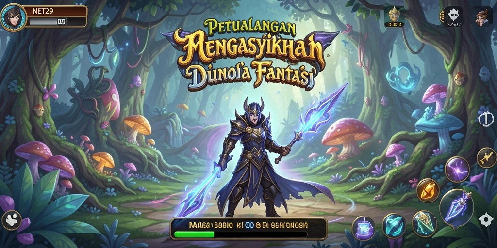 Tampilan gameplay NET29 dengan karakter menjelajahi dunia fantasi.