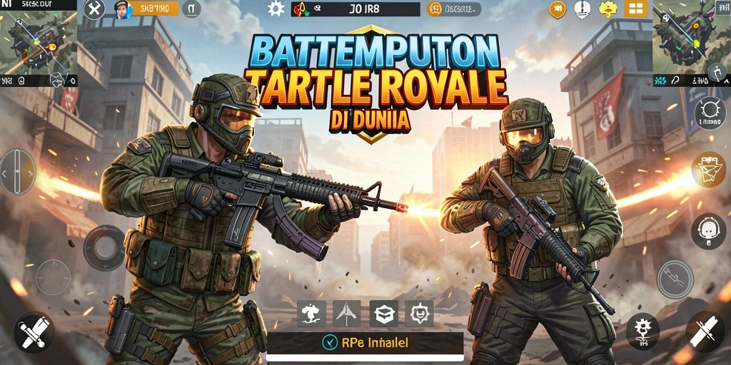 Screenshot gameplay RP8 menampilkan pertempuran seru di arena Battle Royale.
