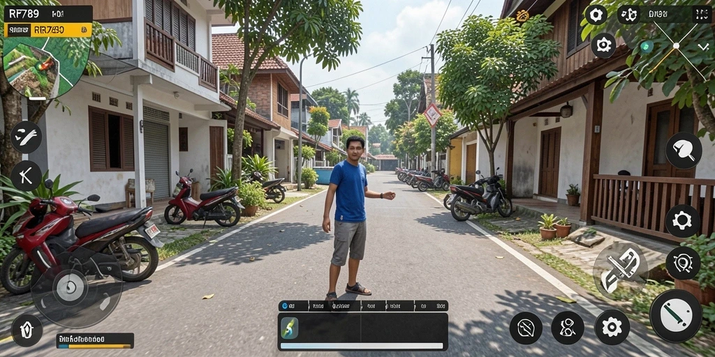 Screenshot utama gameplay RR789 menampilkan interaksi karakter dalam simulasi kehidupan.
