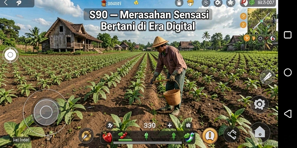 Tangkapan layar gameplay S80 menampilkan ladang hijau subur dan hewan ternak aktif.
