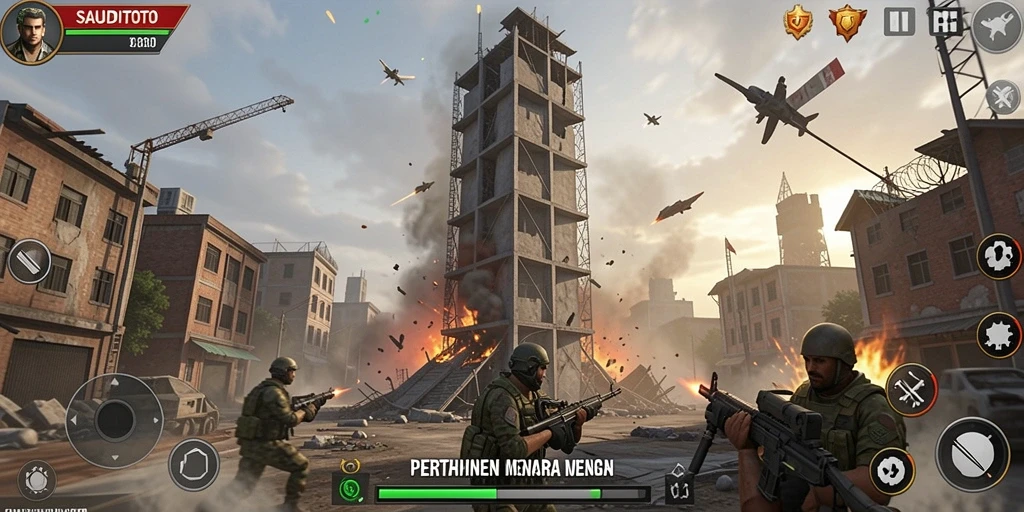 Tampilan gameplay SAUDITOTO menampilkan menara yang berfungsi melawan gelombang musuh.