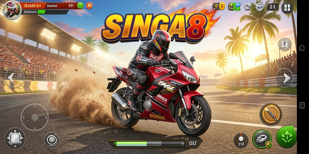 Tangkapan layar SINGA8 menampilkan aksi balapan motor yang seru.