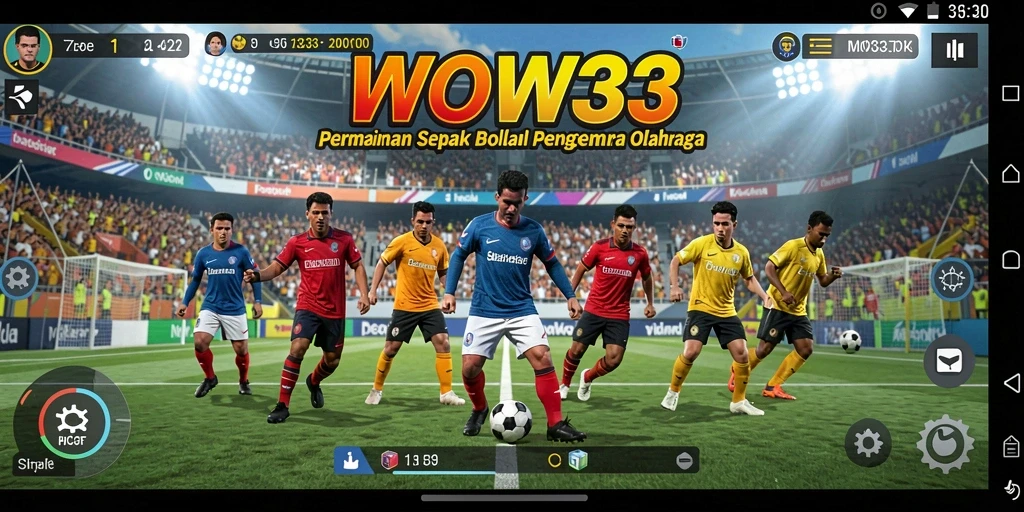 Tampilan gameplay WOW33 dengan aksi sepak bola yang seru.